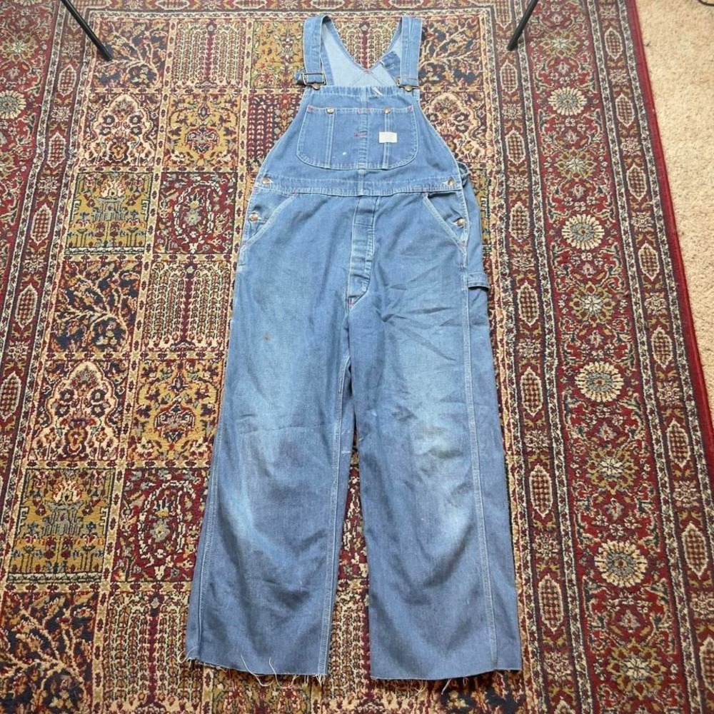 VTG 70s JCPenney Big Mac Square back blue denim donut button fly overalls‎ 39x26